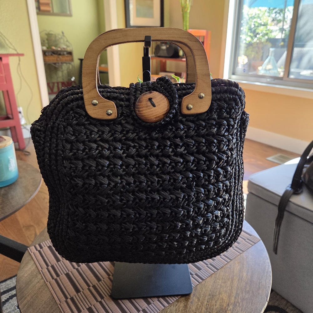 Vintage Walborg Small Black Woven Tote with Wooden Handles